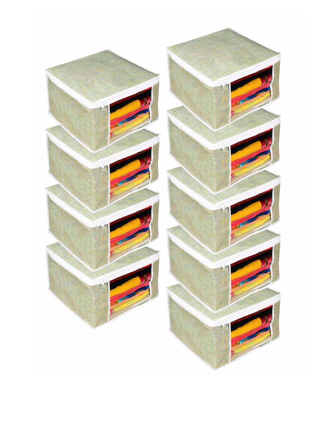 

prettykrafts Set Of 9 Green & White Textured Saree Organizers