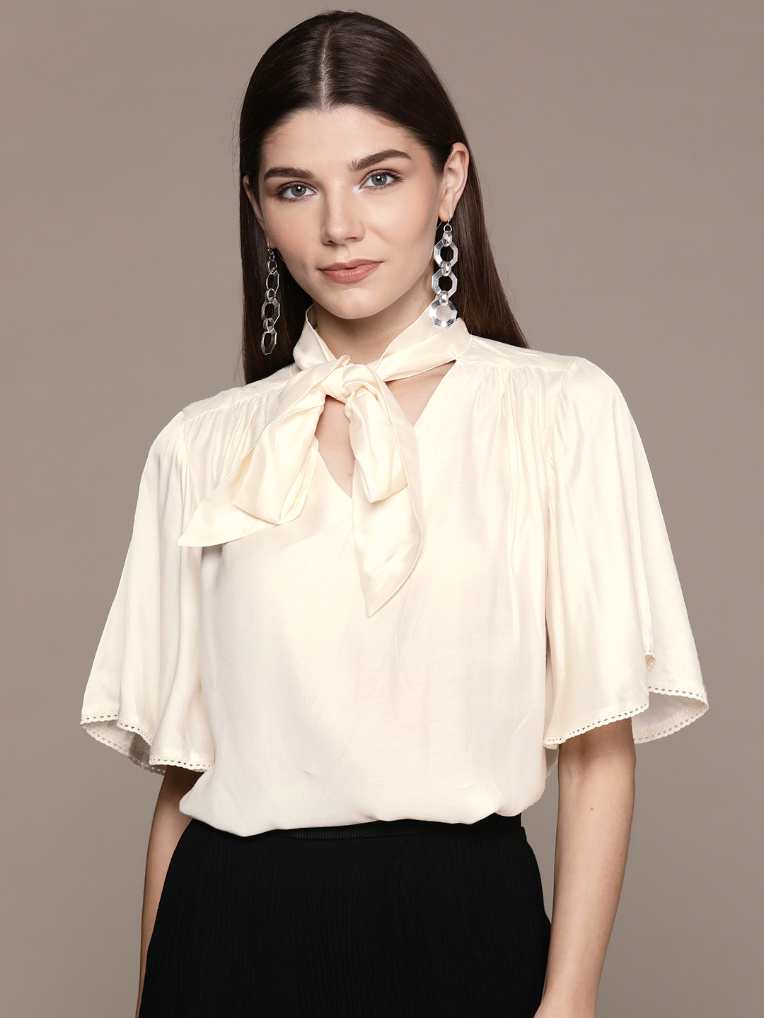 

Label Ritu Kumar Women Cream-Coloured Solid Satin Finish A-Line Top with Tie-up Detail