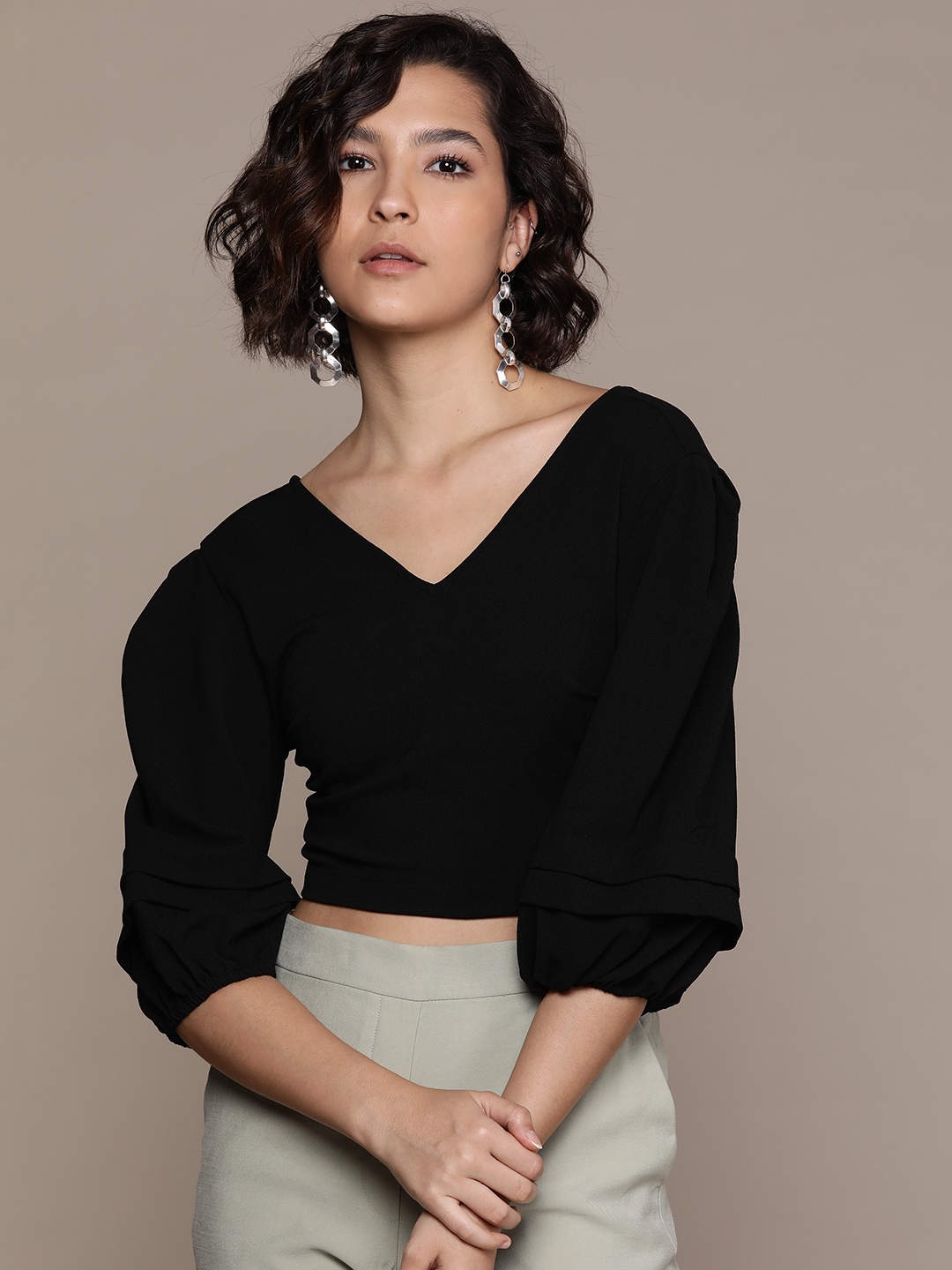 

Label Ritu Kumar Black Crepe Blouson Crop Top