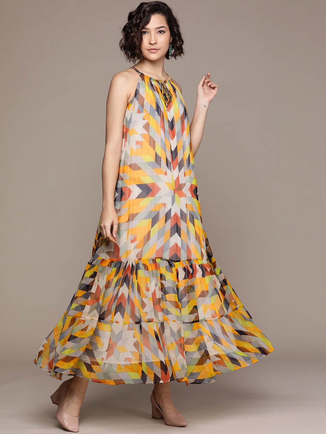 

Label Ritu Kumar Yellow Keyhole Neck Chiffon Maxi Dress