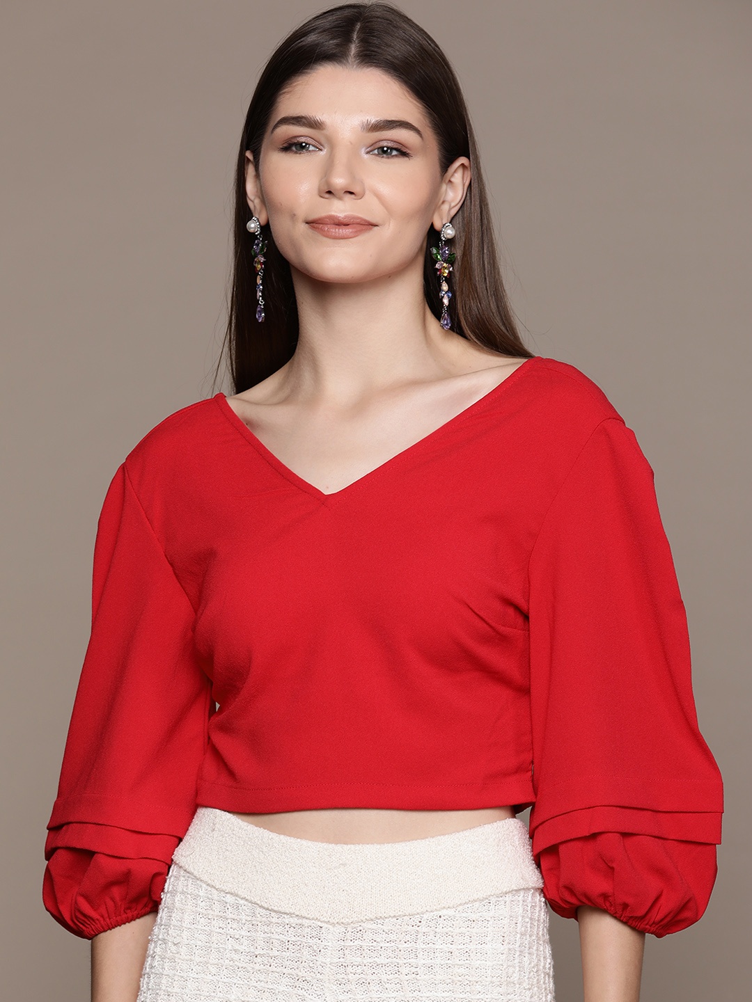 

Label Ritu Kumar Women Red Solid Puff Sleeves Styled Back Crop Top