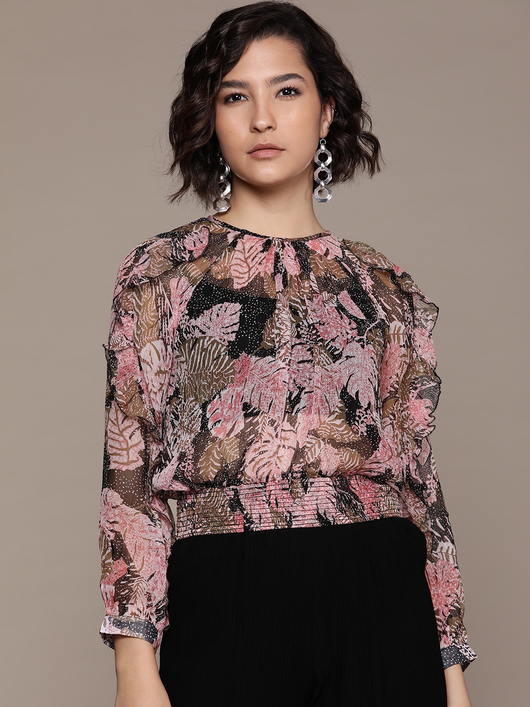 

Label Ritu Kumar Women Black & Pink Leaves Print Smocked Blouson Top
