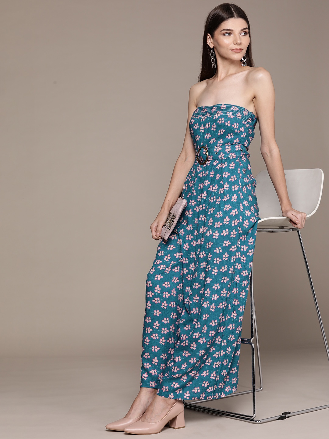 

Label Ritu Kumar Blue Off-Shoulder Printed Basic Jumpsuit