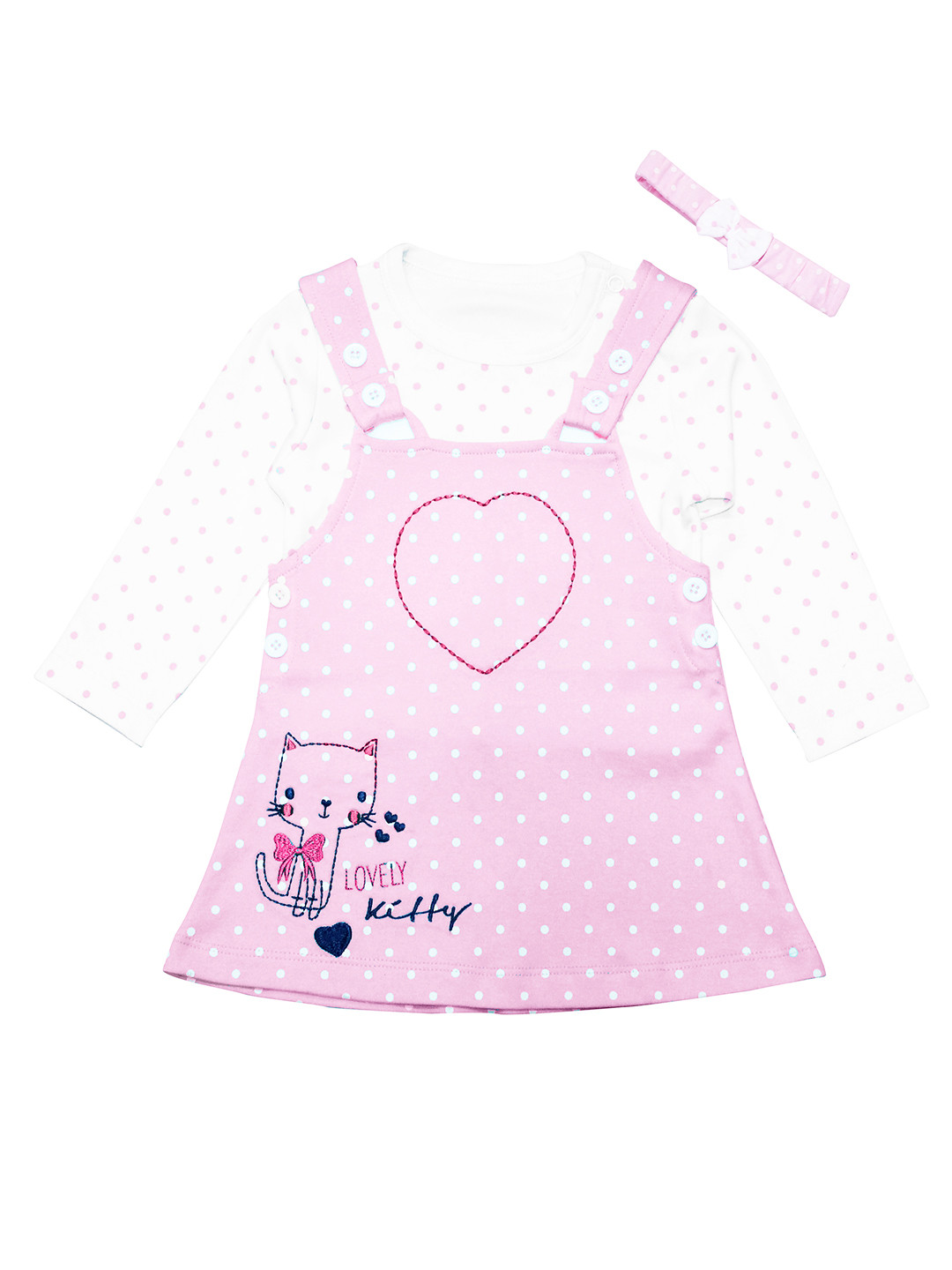 

Moms Love Infant Girls Pink & White Cotton Printed Pinafore Dress with T-shirt & Hairband