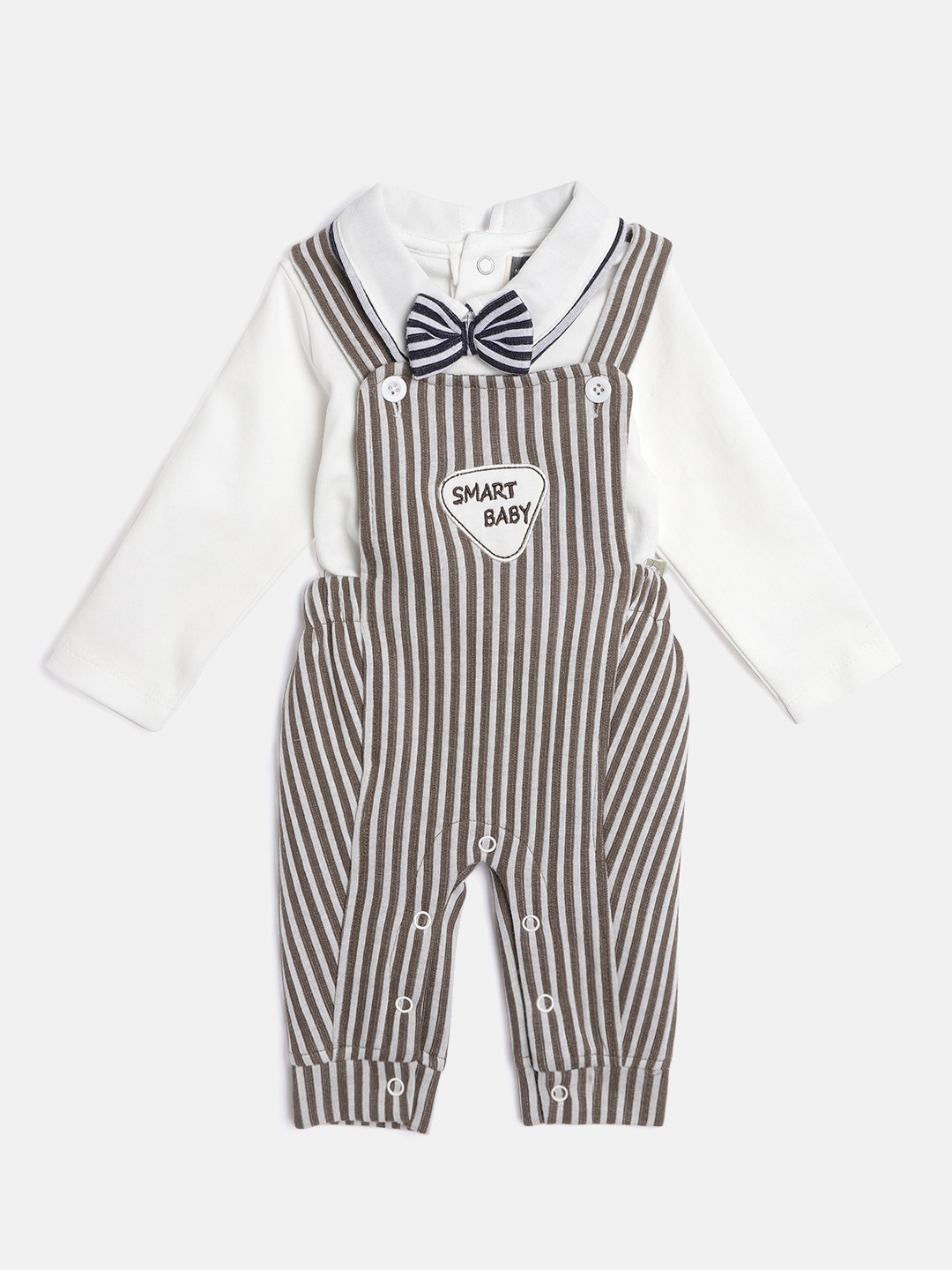 

Moms Love Infant Boys White & Coffee Brown Solid Cotton T-shirt with Striped Dungarees