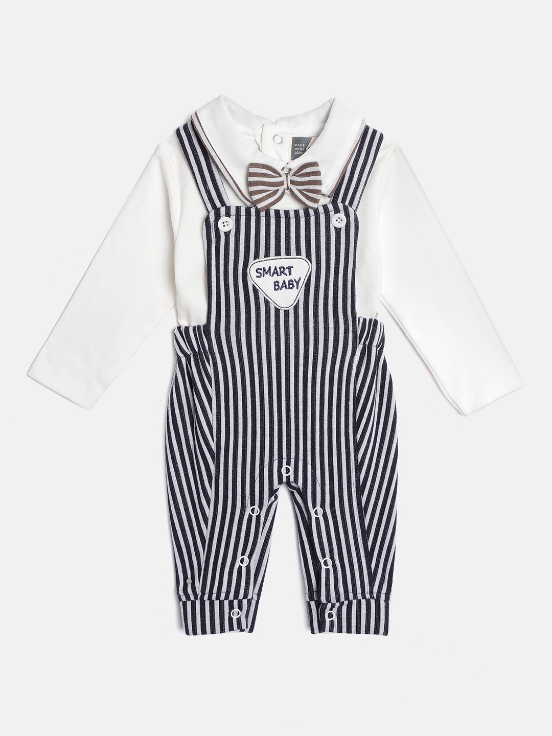 

Moms Love Infant Boys White & Navy Blue Solid Cotton T-shirt with Striped Dungarees
