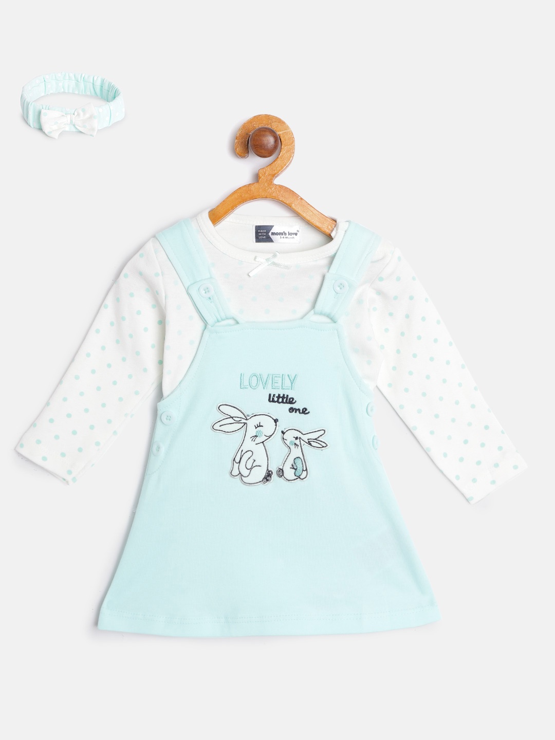 

Moms Love Infant Girls Blue & White Cotton Embroidered Pinafore Dress with Printed T-shirt