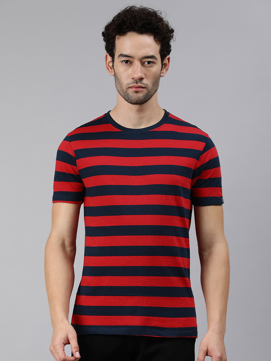 

Urbano Fashion Men Red Navy Blue Striped Slim Fit Pure Cotton T-shirt