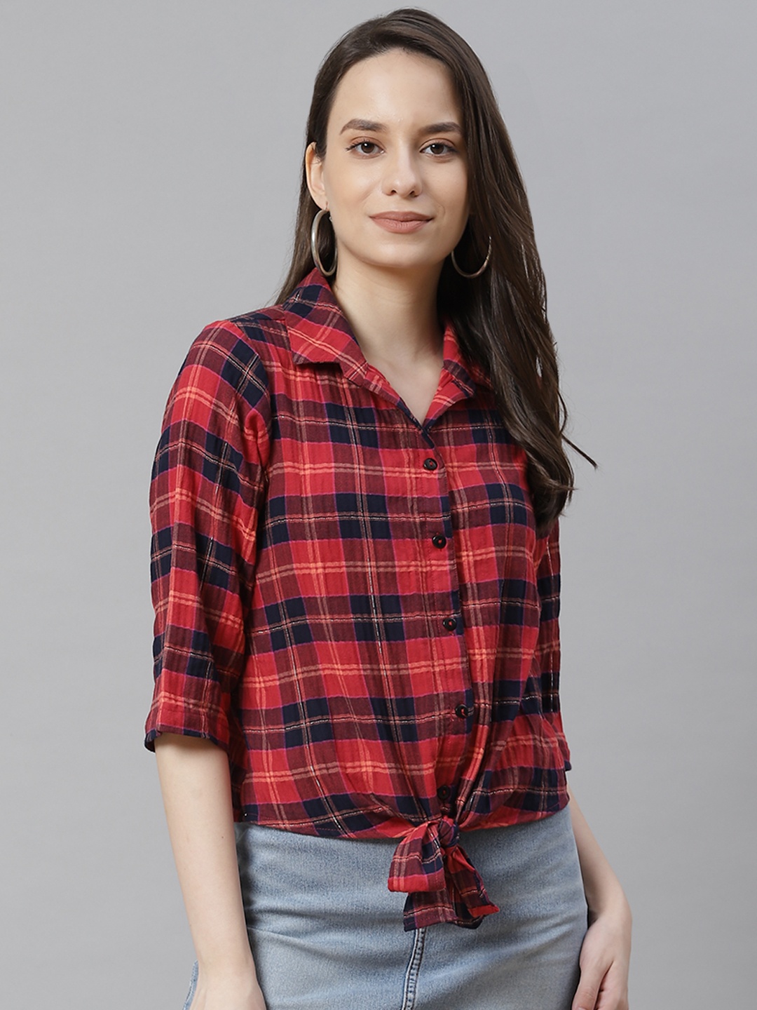 

Ayaany Women Red & Black Tartan Checks Opaque Checked Cotton Casual Tie-Up Shirt