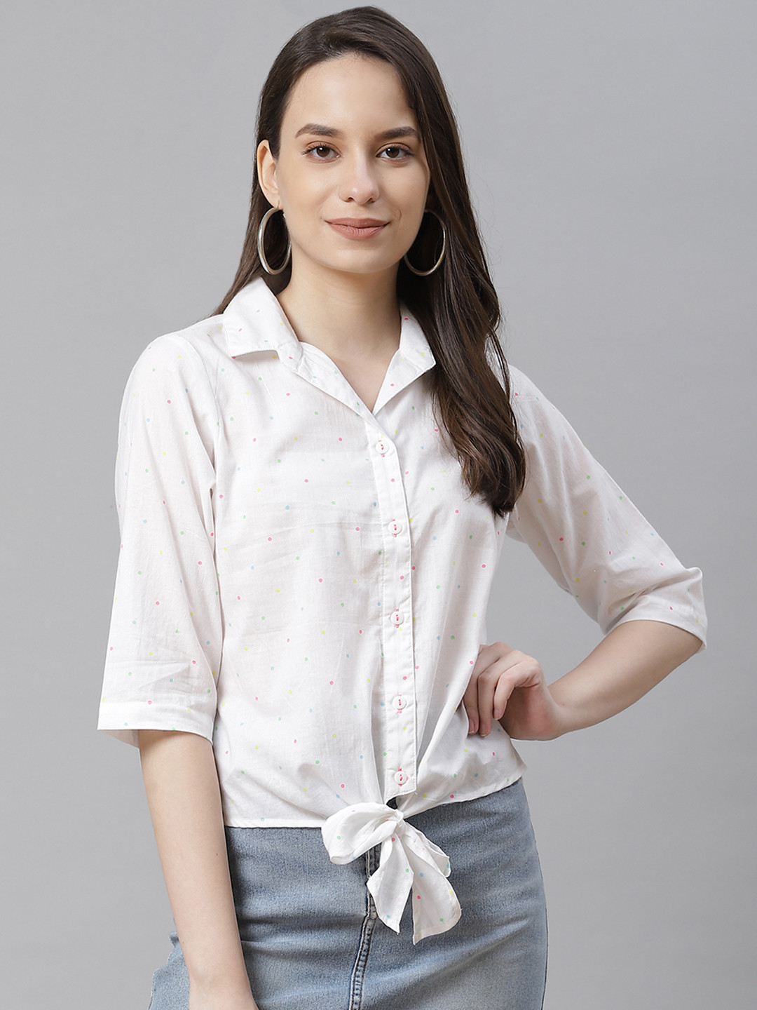 

Ayaany Women White & Pink Polka Print Cotton Casual Tie-Up Shirt