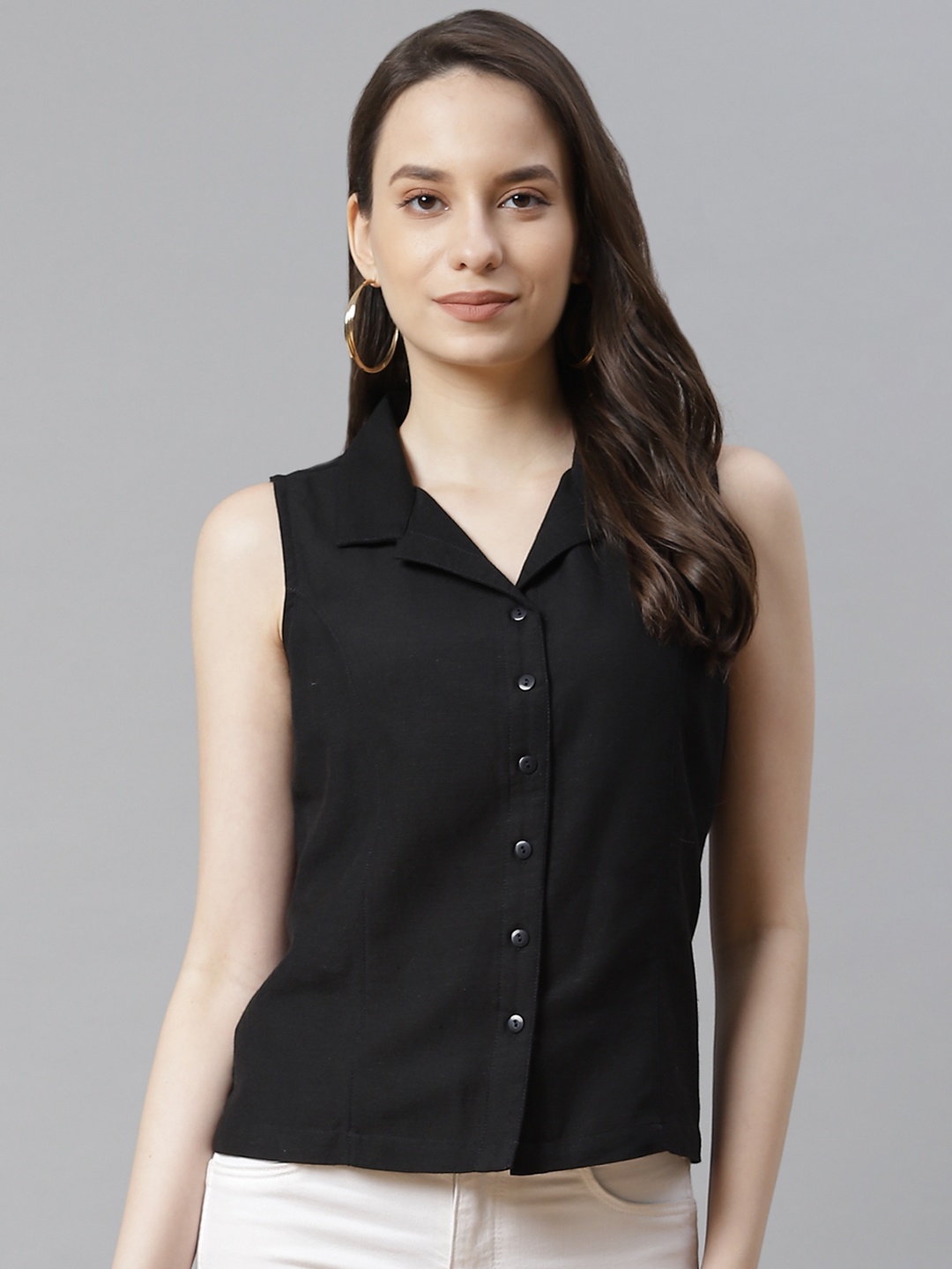 

Ayaany Women Black Solid Pure Cotton Casual Shirt