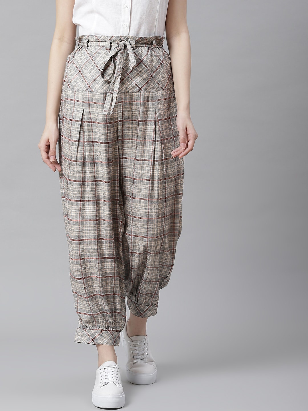 

Ayaany White & Brown Pure Cotton Smart Fit Checked Harem Pants