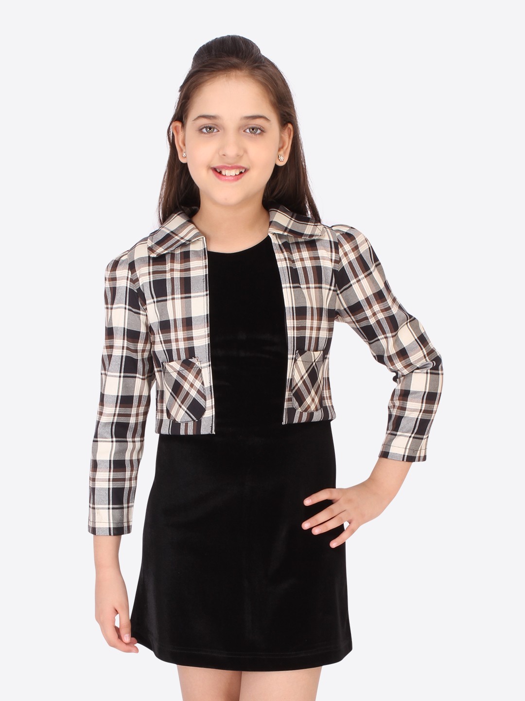 

CUTECUMBER Girls Black Solid A-Line Dress with Checked Jacket