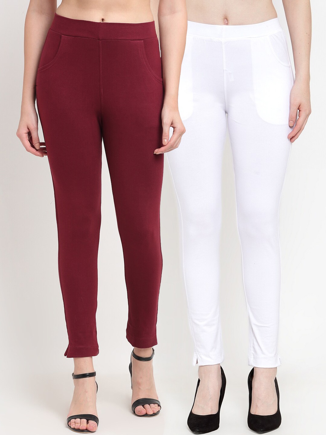 

TAG 7 Women Pack of 2 Maroon & White Solid Ankle-Length Leggings