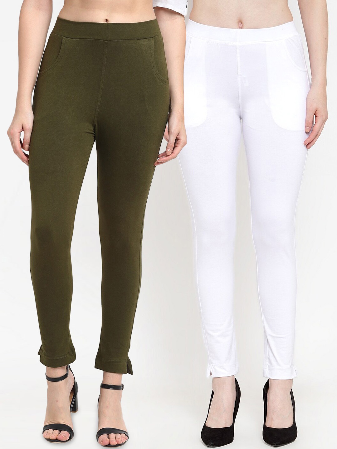 

TAG 7 WOMEN Olive Green & White Pack of 2 Leggings