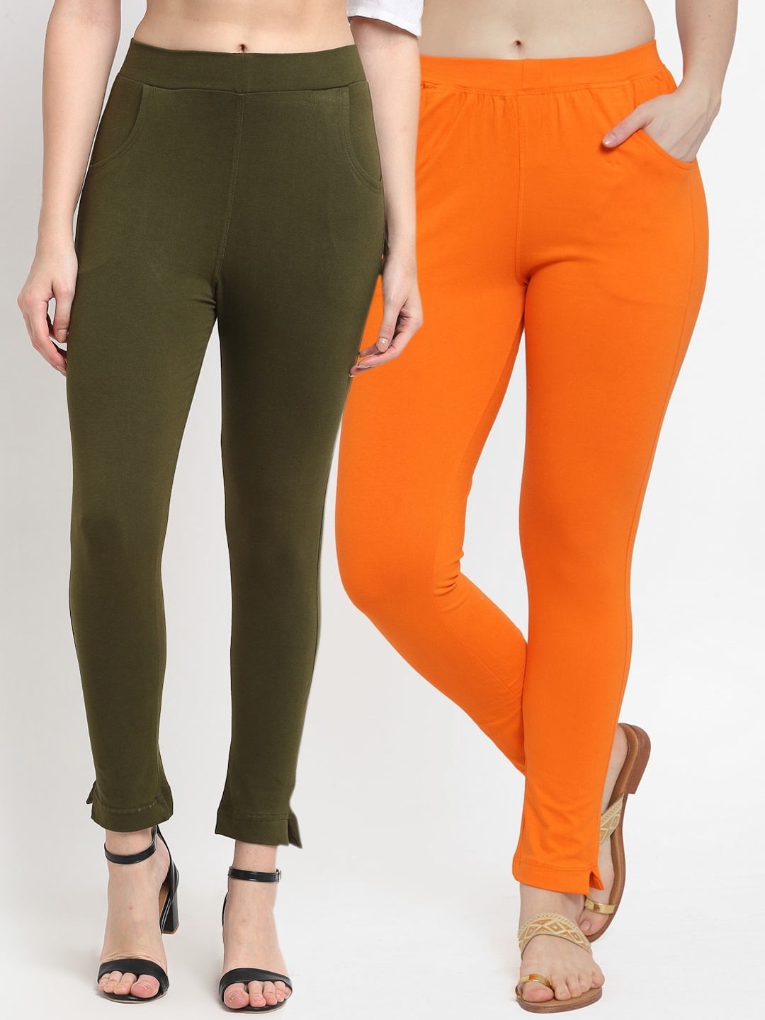

TAG 7 Women Olive Green & Orange Pack of 2 Leggings