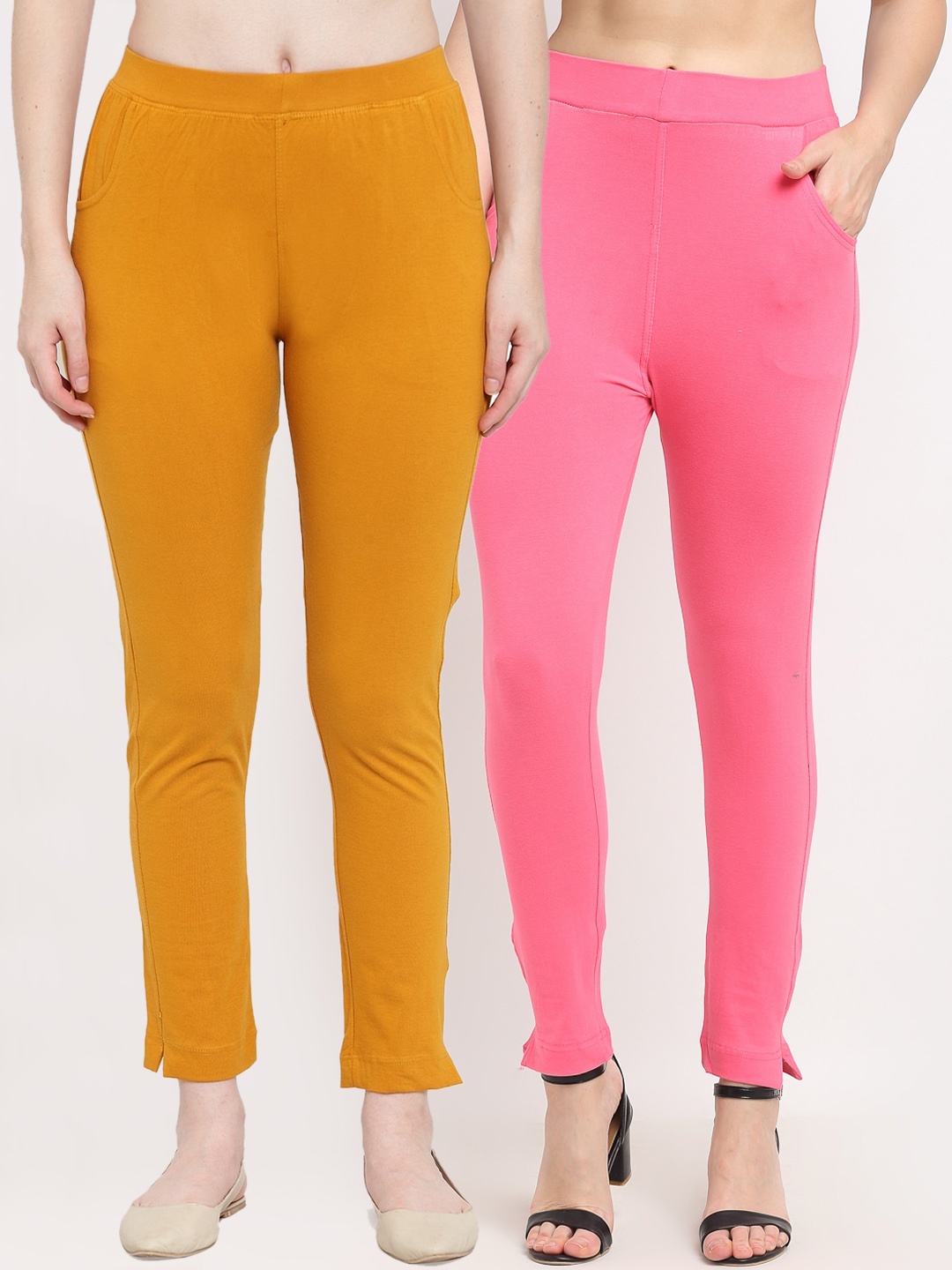 

TAG 7 Women Pack Of 2 Solid Cotton Ankle-Length Leggings, Pink