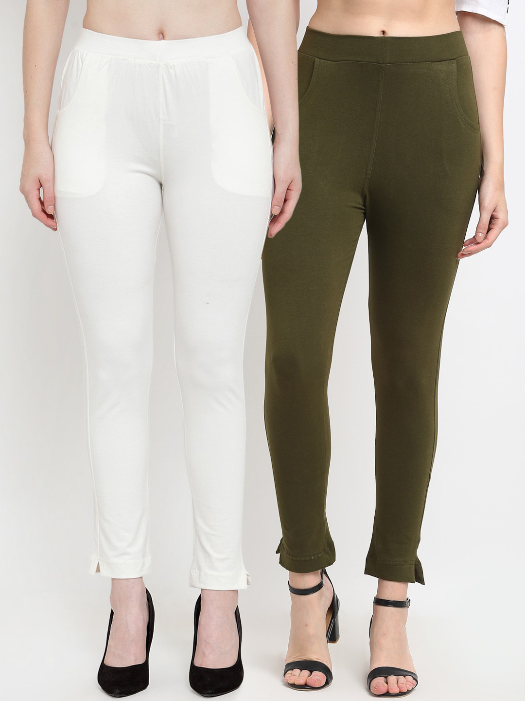

TAG 7 Women Olive Green & Off-White Pack of 2 Leggings