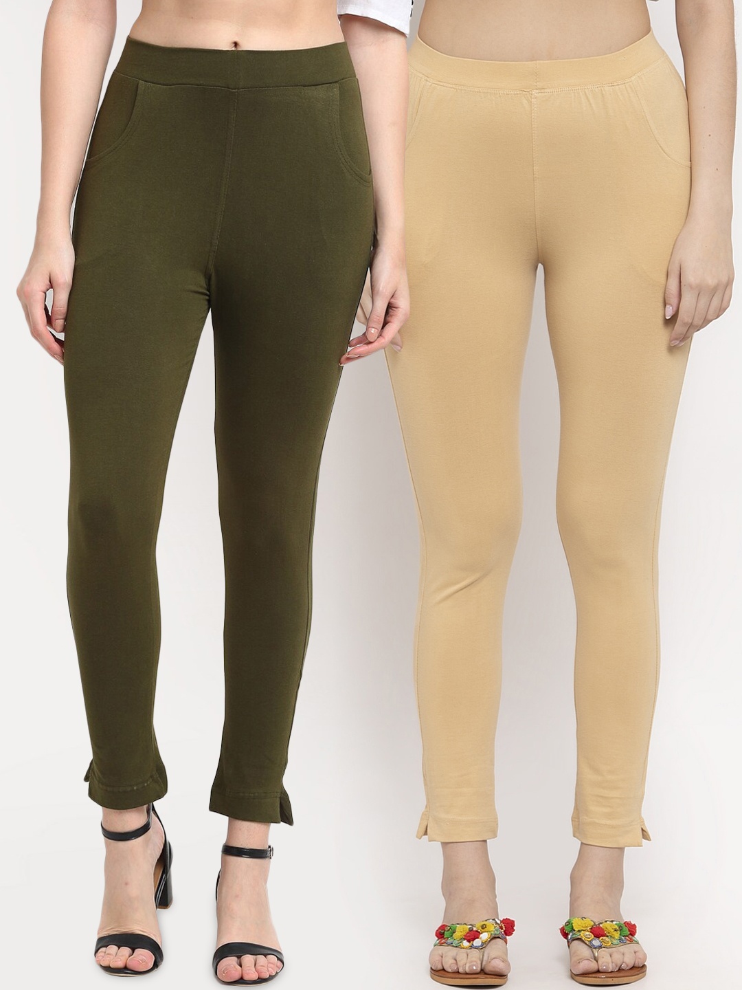

TAG 7 Women Olive Green & Beige Pack of 2 Leggings