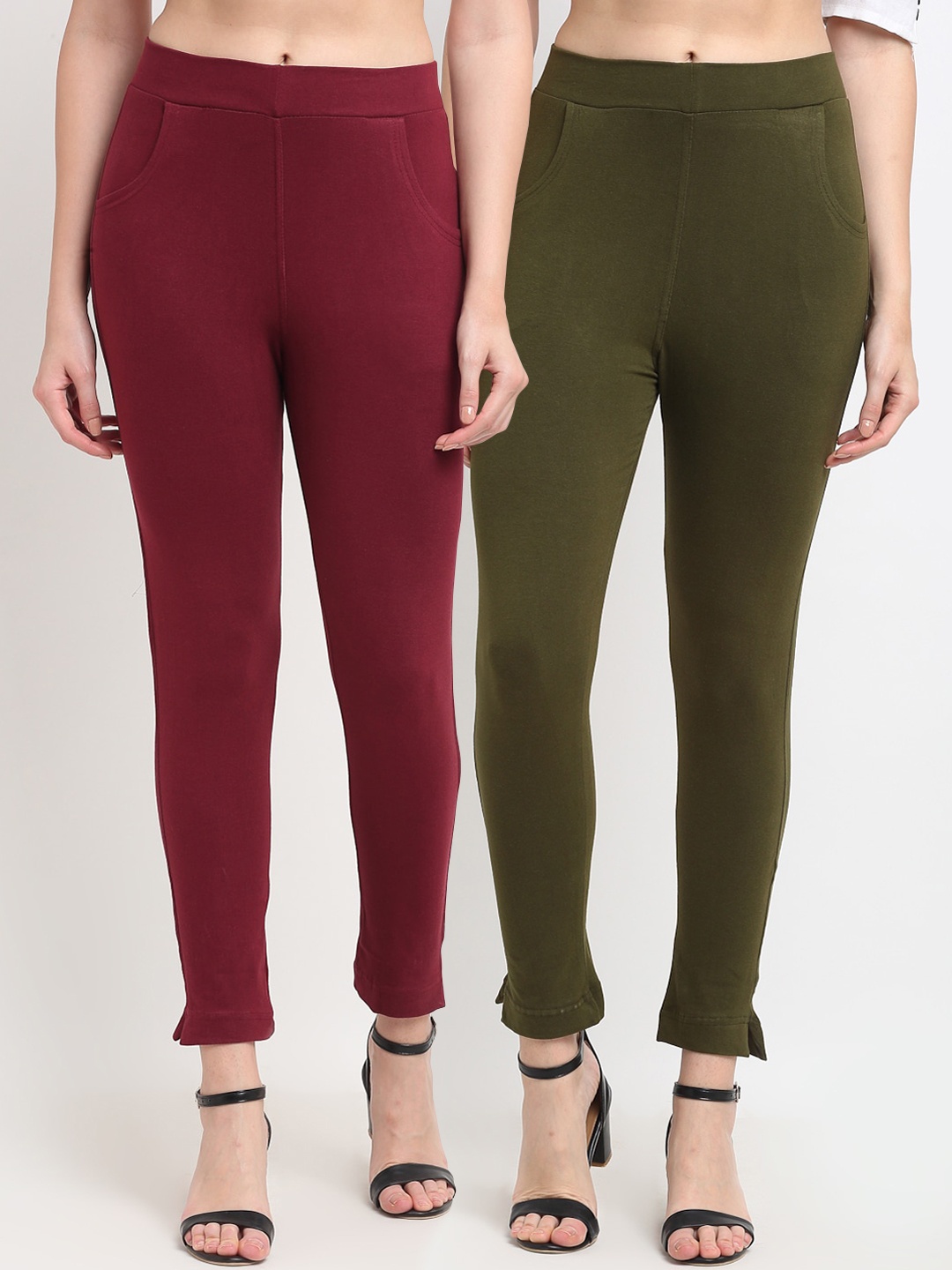 

TAG 7 Women Maroon & Olive Green Pack of 2 Leggings