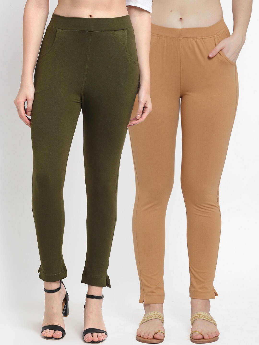 

TAG 7 Women Olive Green & Beige Pack of 2 Leggings