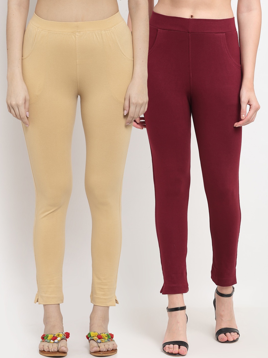 

TAG 7 Women Maroon & Beige Pack of 2 Leggings