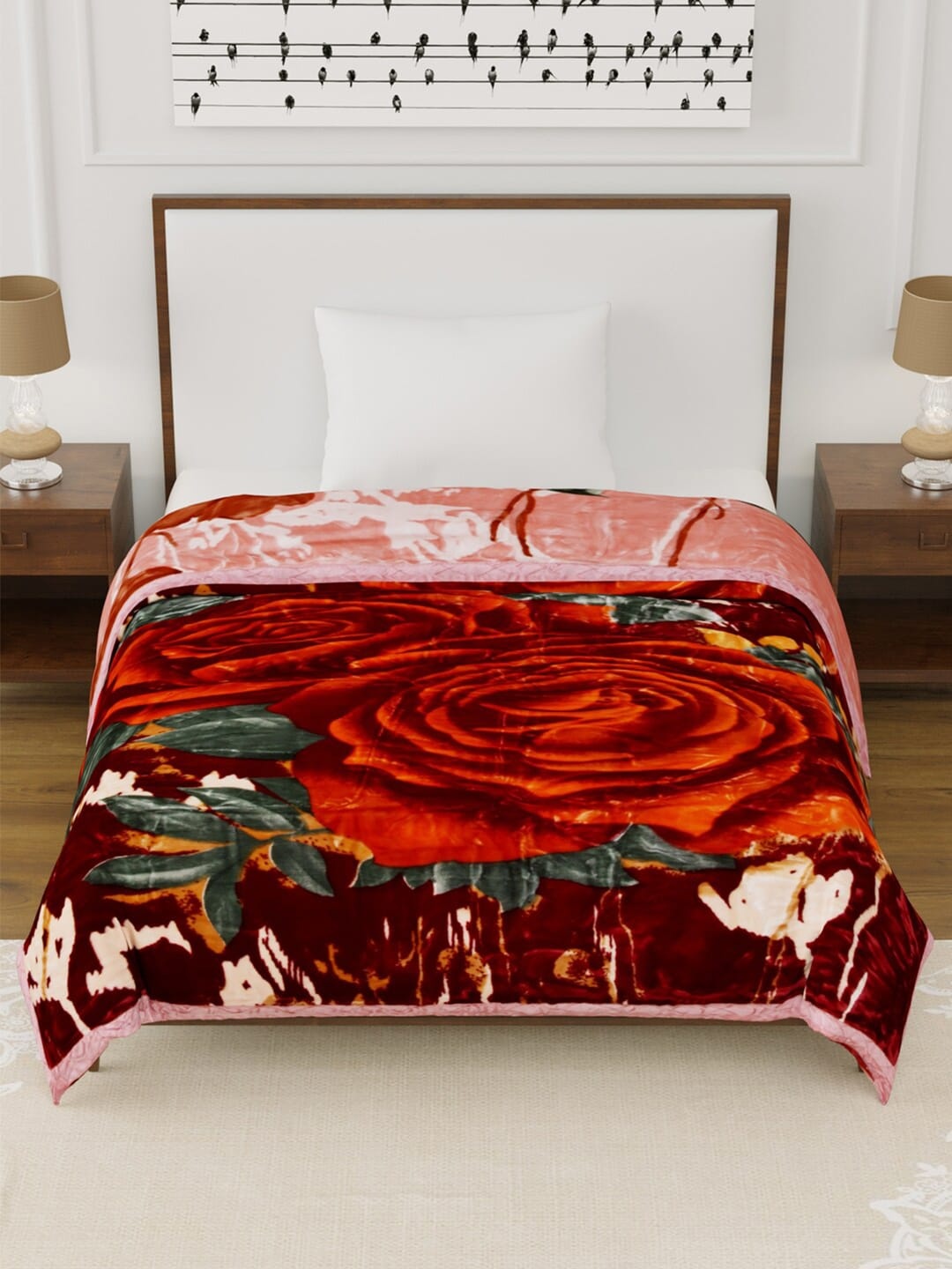 

BOMBAY DYEING Maroon & Pink Floral Heavy Winter Single Bed Blanket