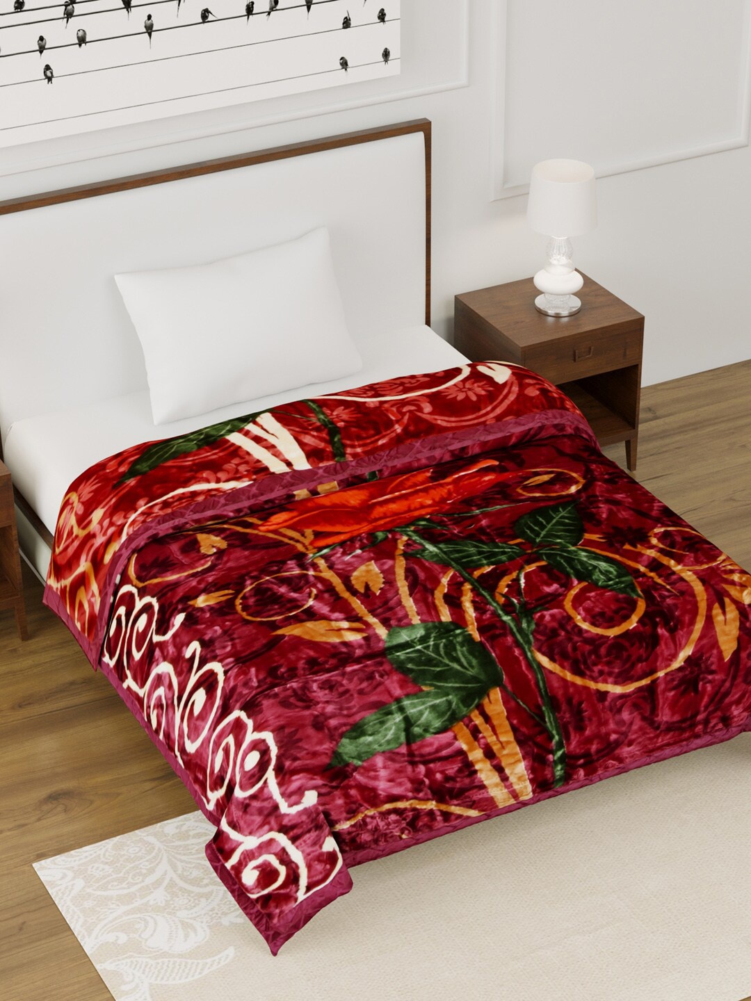 

BOMBAY DYEING Maroon & Red Floral Heavy Winter Reversible Single Bed Blanket