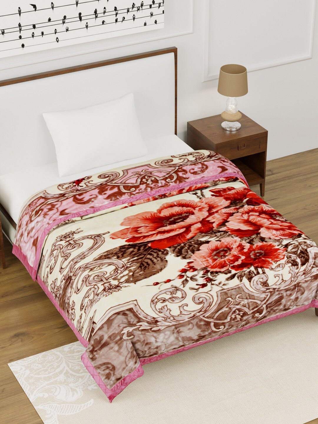 

BOMBAY DYEING Cream-Coloured & Pink Floral Heavy Winter Reversible Single Bed Blanket