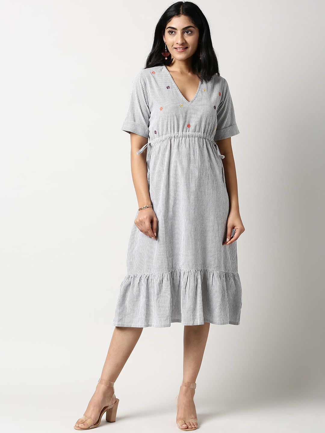 

Saaki White & Black Striped Embroidered Midi Dress