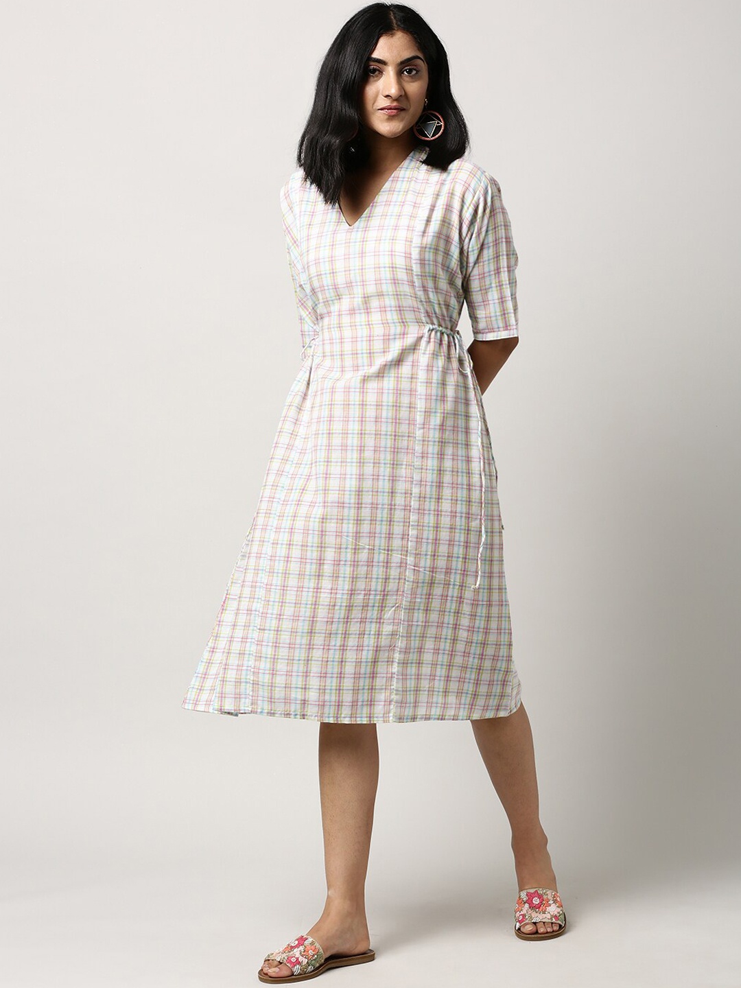 

Saaki Off White & Pink Checked A-Line Dress