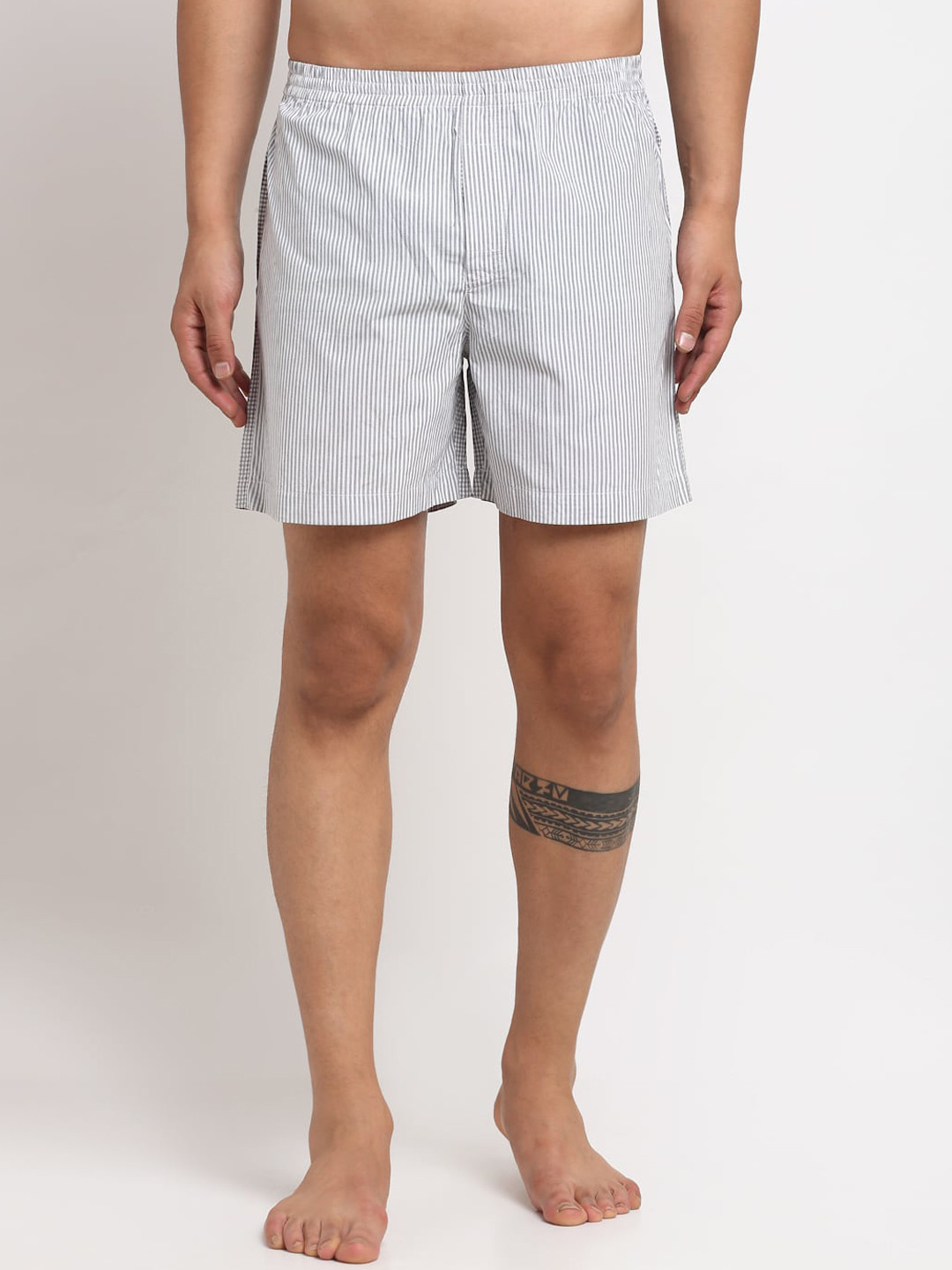 

Ennoble Men Grey & White Striped & Checked Pure Cotton Slim-Fit Boxers ENBBAPLEN29126100
