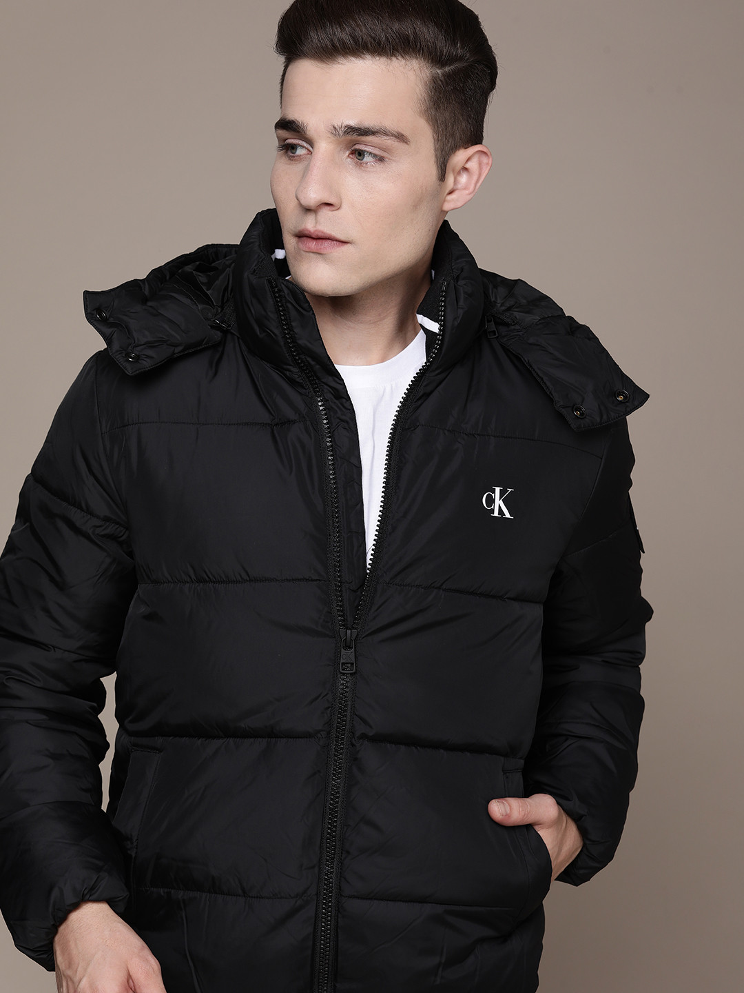 

Calvin Klein Jeans Men Black Brand Logo Printed Applique Padded Jacket