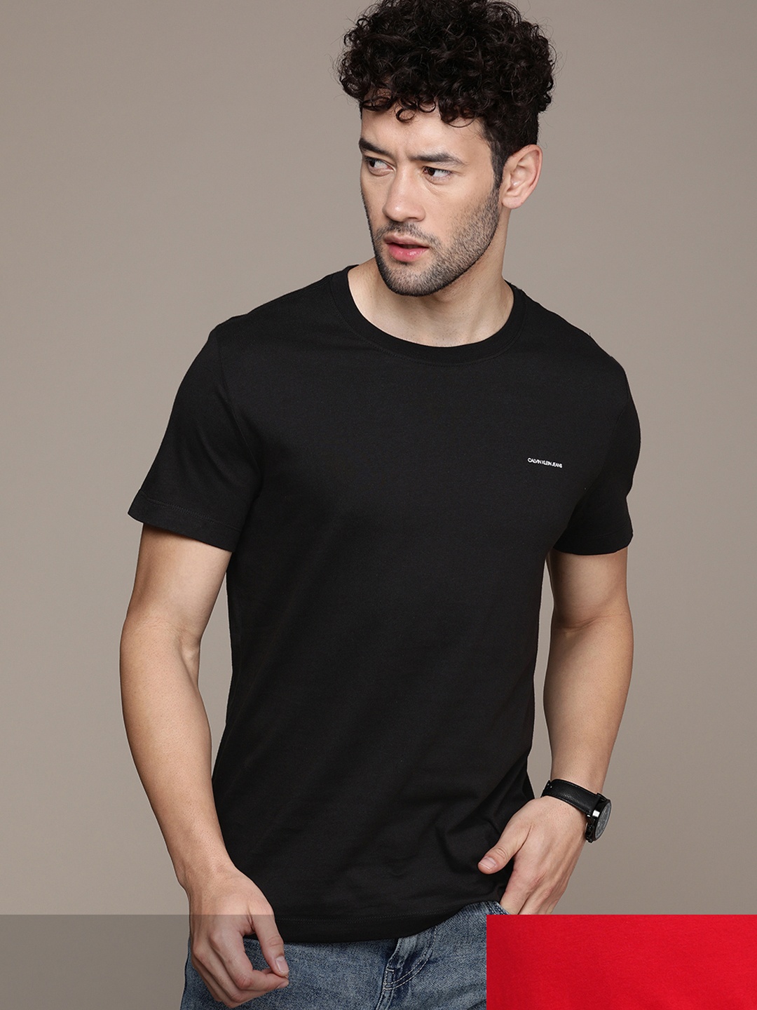 

Calvin Klein Jeans Men Red & Black Brand Logo 2 Printed Slim Fit T-shirt