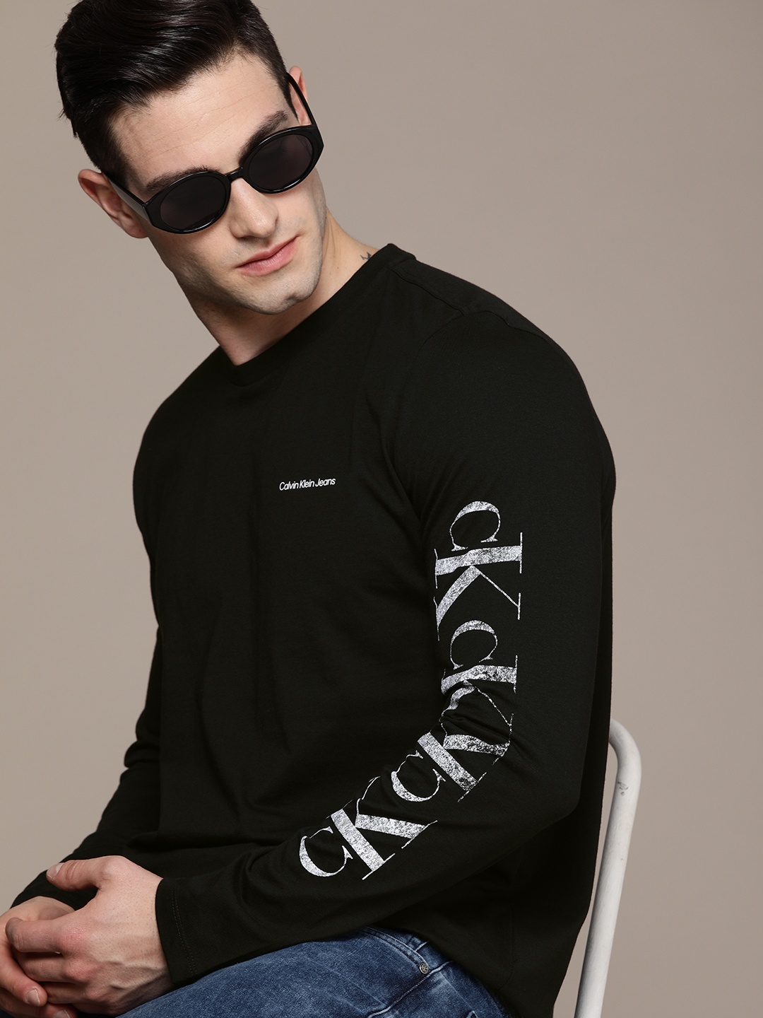 

Calvin Klein Jeans Men Black Brand Logo Printed Pure Cotton Casual T-shirt