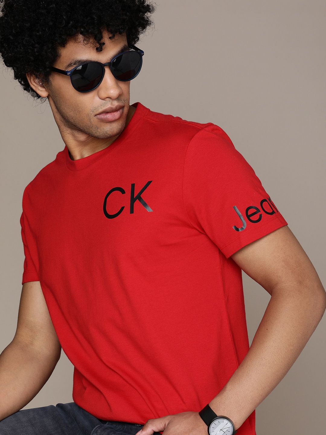 

Calvin Klein Jeans Men Red Brand Logo Printed Round-Neck Pure Cotton T-shirt