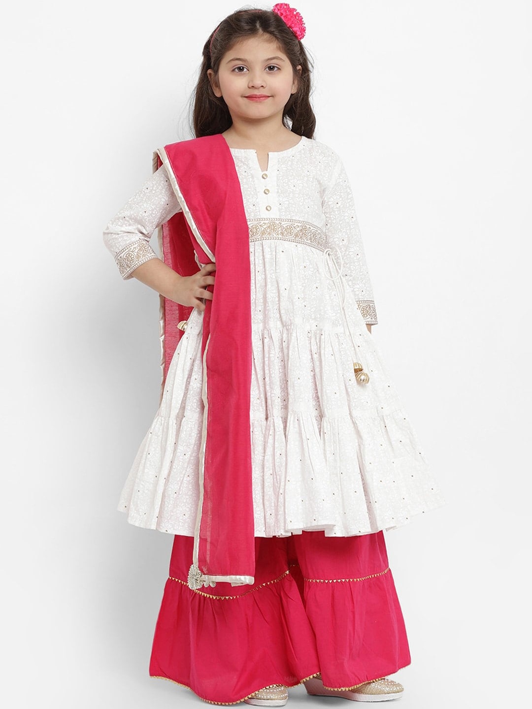 

Bitiya by Bhama Girls White Panelled Kurta with Sharara & Dupatta