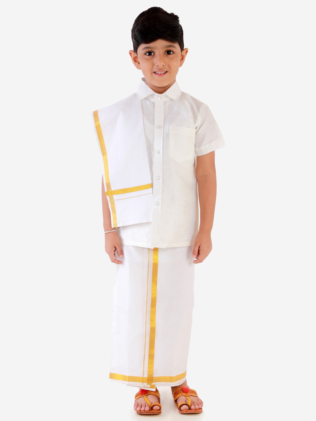 

VASTRAMAY Boys White Shirt With Mundu & Dupatta