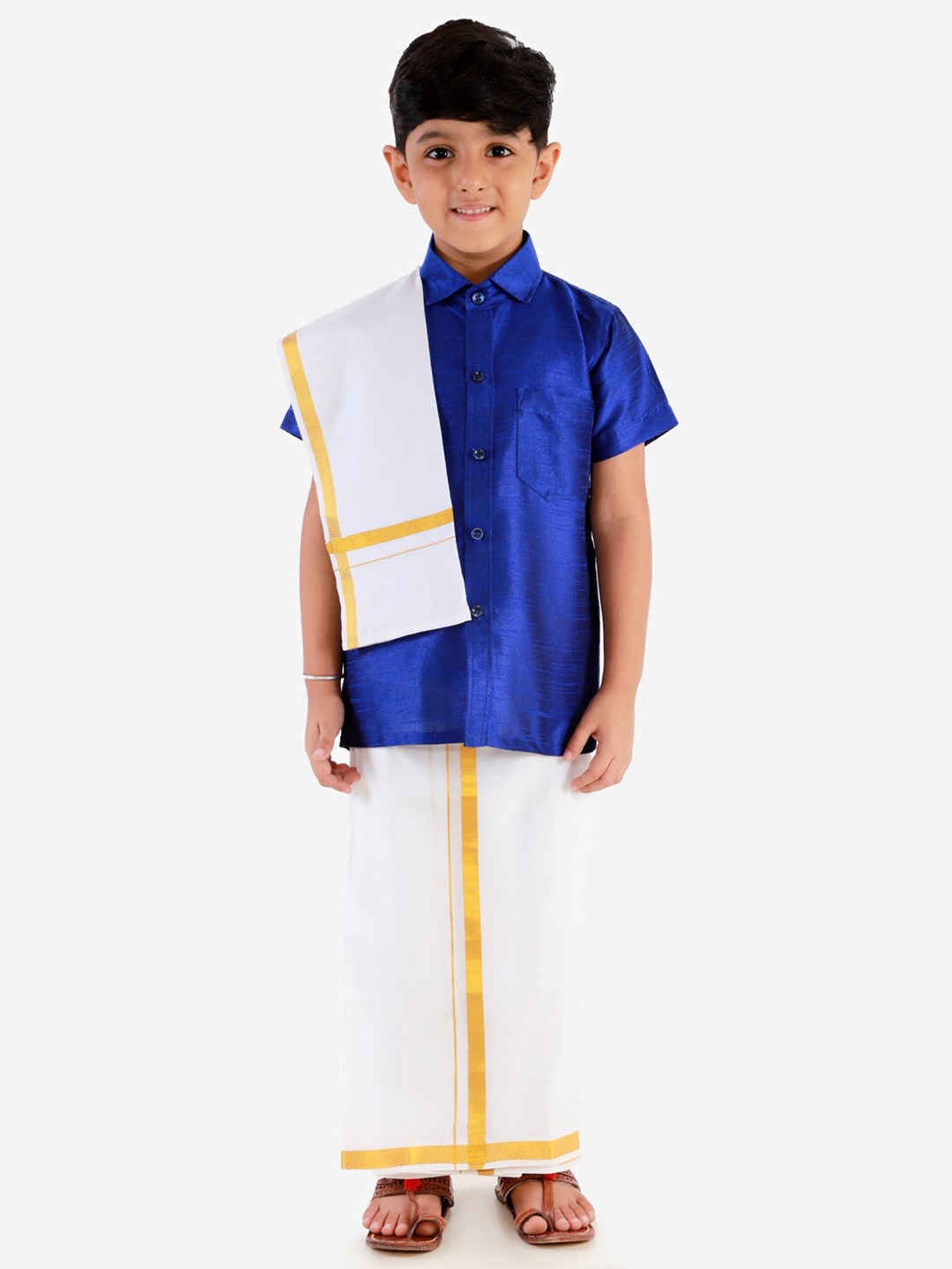

VASTRAMAY Boys Blue & White Shirt With Mundu & Dupatta