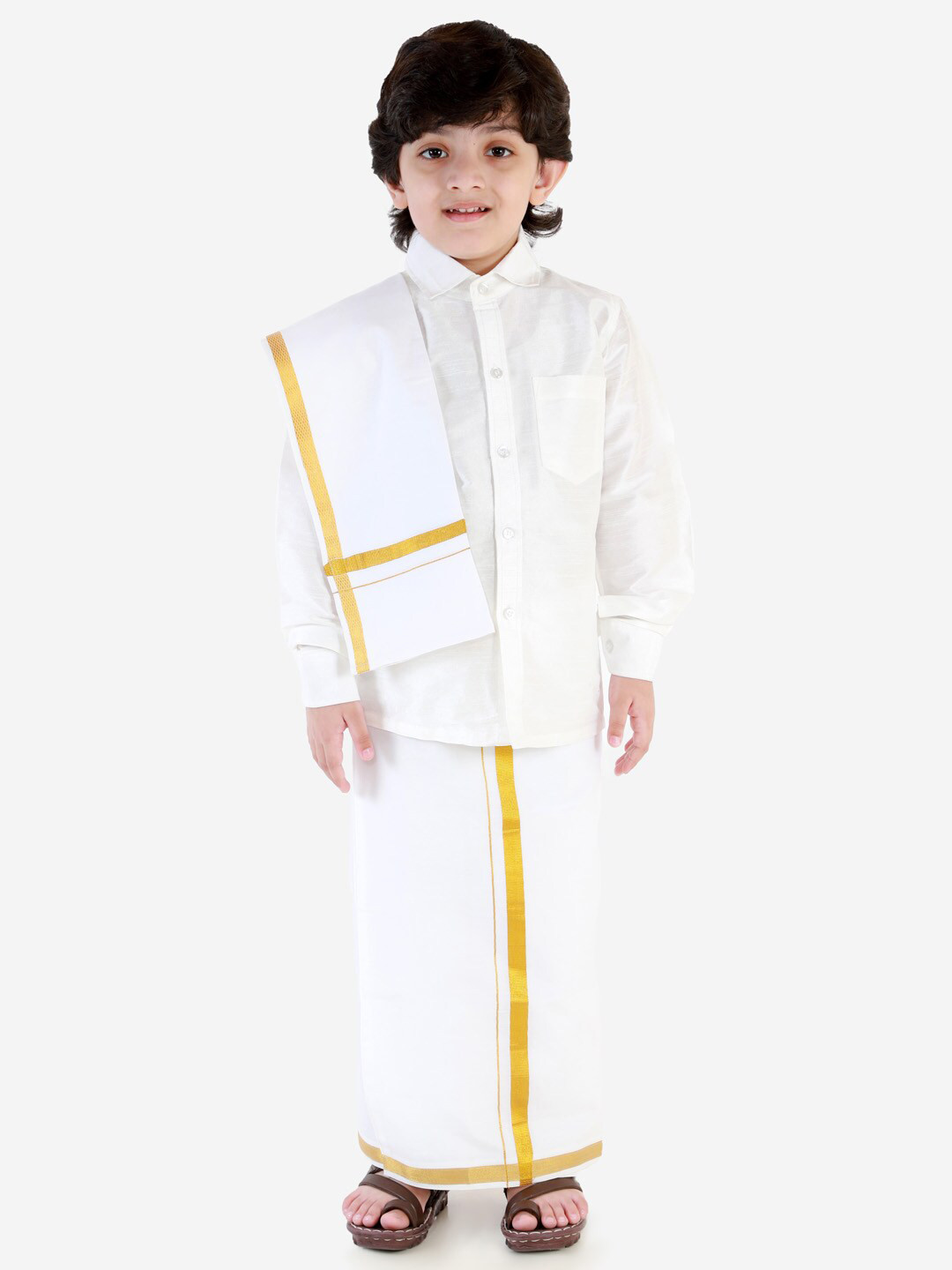 

VASTRAMAY Boys White Shirt With Mundu & Dupatta