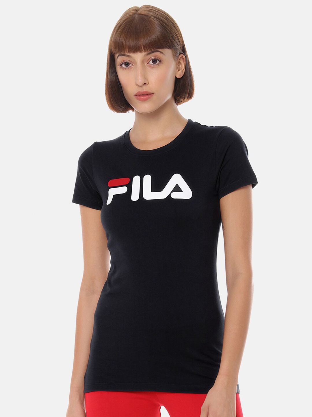 

FILA Women Black White Typography Printed Pure Cotton T-shirt