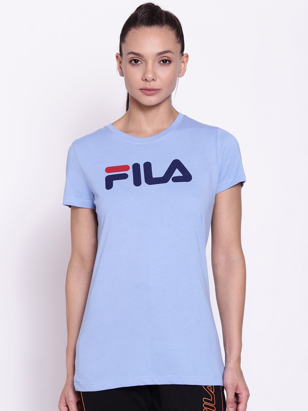 

FILA Women Blue Black Typography Printed Pure Cotton T-shirt