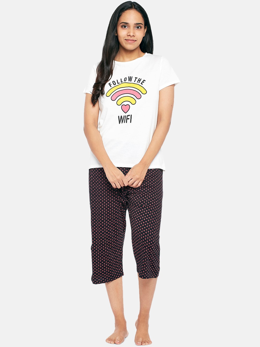 

People Women Black & White Printed T-Shirt & Pyjama Night suit