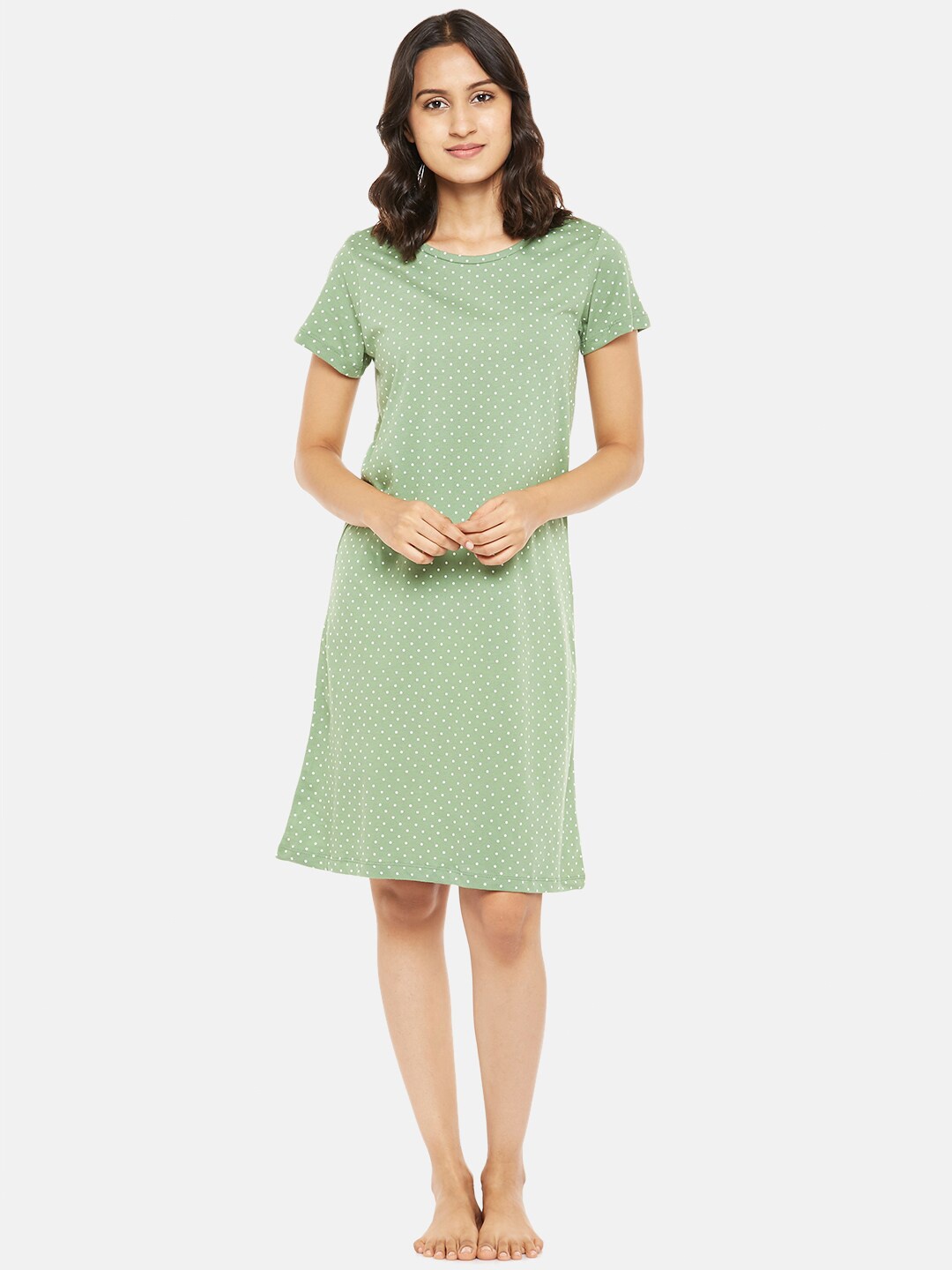 

Dreamz by Pantaloons Olive Green Printed Cotton Nightdress