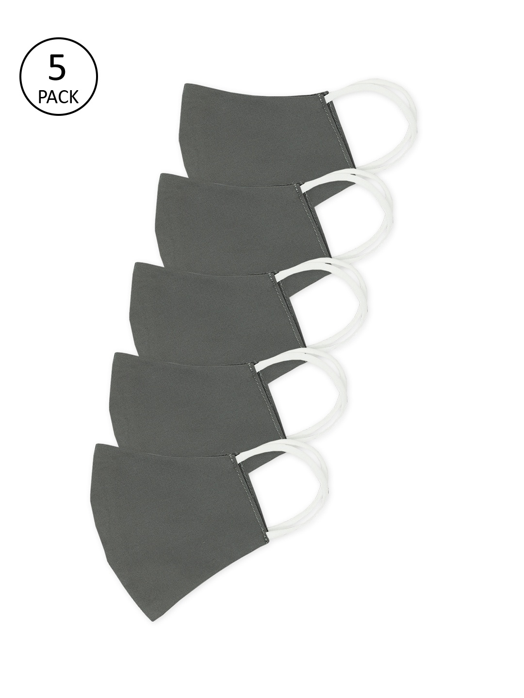 

MYTRIDENT Unisex Pack Of 5 Grey Solid 2-Ply Cotton Reusable Cloth Masks