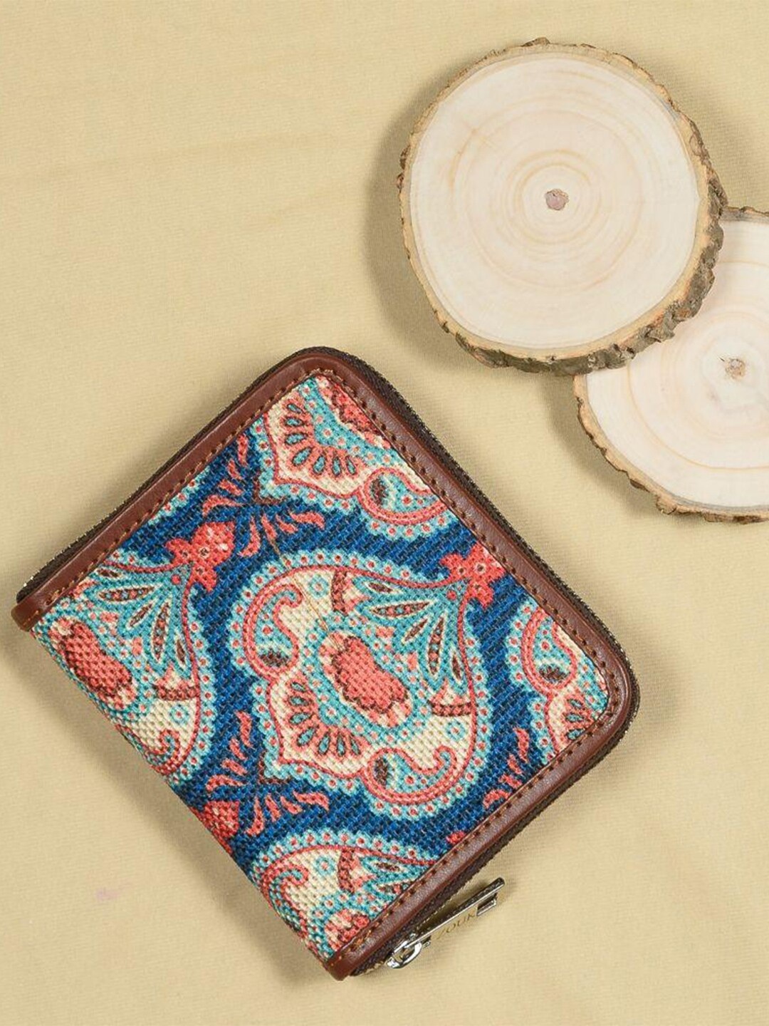 

ZOUK Women Blue & Peach-Coloured Floral Printed Zip Around Wallet