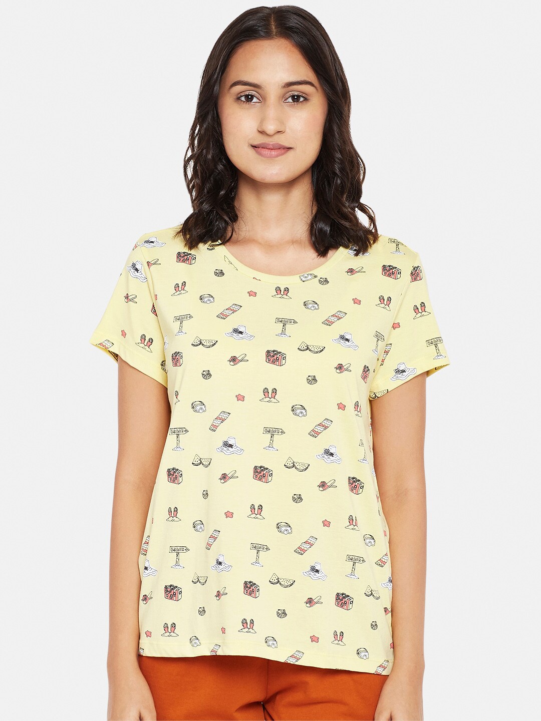 

Dreamz by Pantaloons Mustard Yellow Printed Regular Lounge tshirt