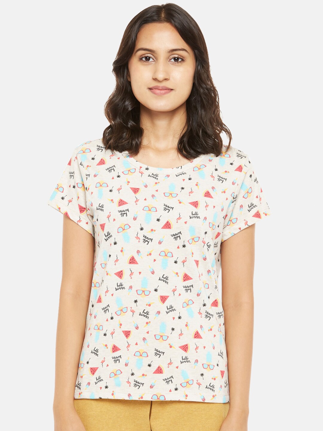 

Dreamz by Pantaloons Cream-Coloured & Red Printed Lounge tshirt