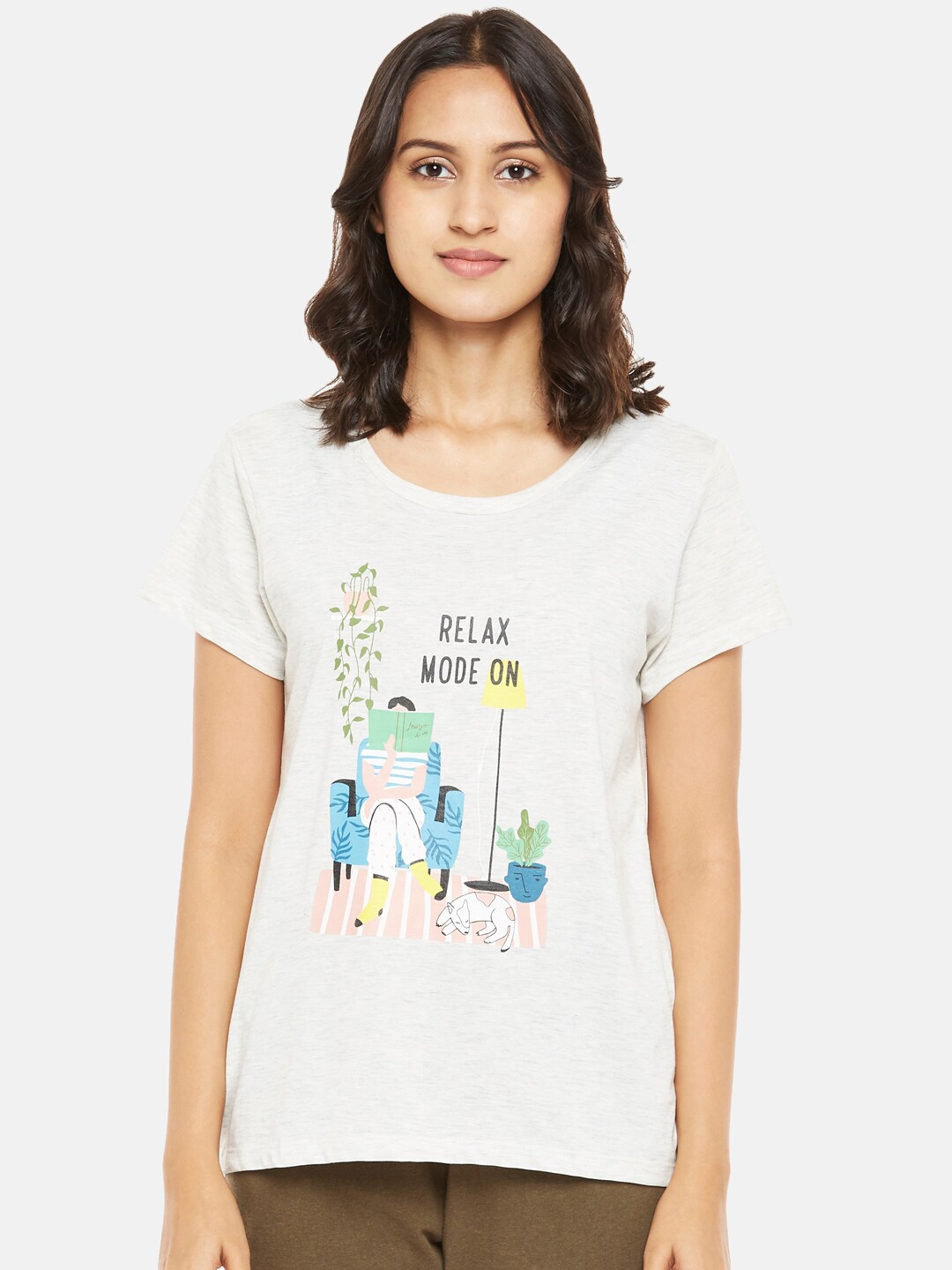 

Dreamz by Pantaloons Grey Melange & Blue Printed Regular Lounge tshirt