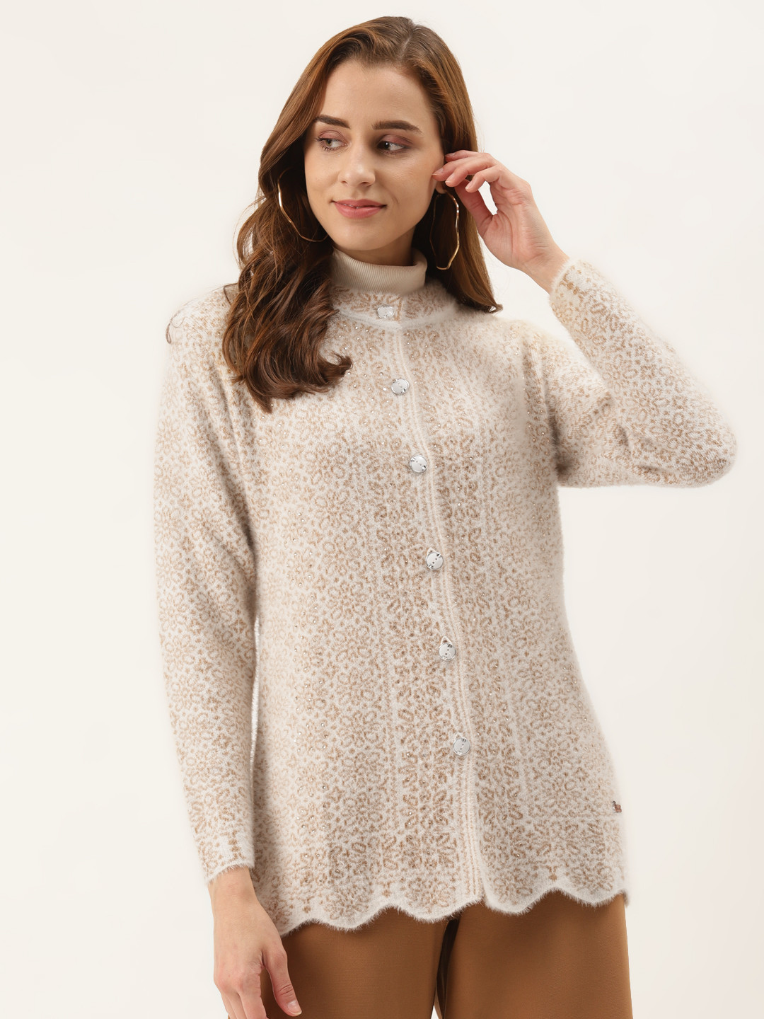 

Duke Women White & Beige Self Design Cardigan
